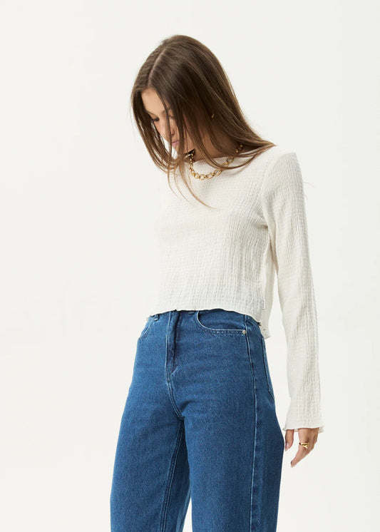 Afends Focus Seersucker Long Sleeve Top OFF WHITE