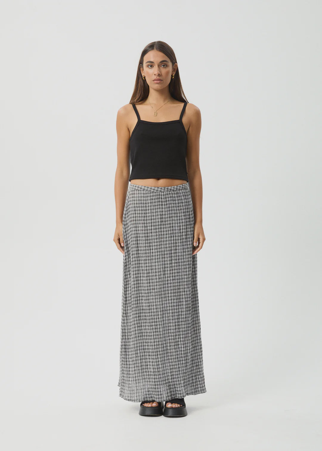 Afends Asta Base Seesucker Check Maxi Skirt STEEL CHECK