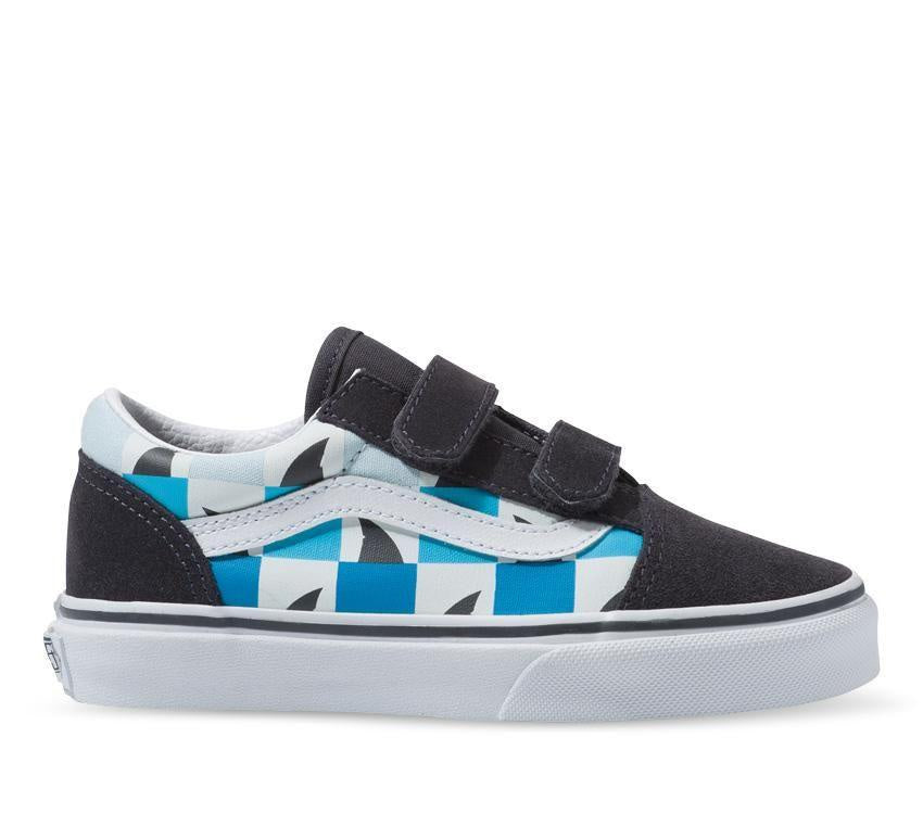 Vans Boys Old Skool V (Glow Checkerboard Shark) ASPHALT / TRUE WHITE