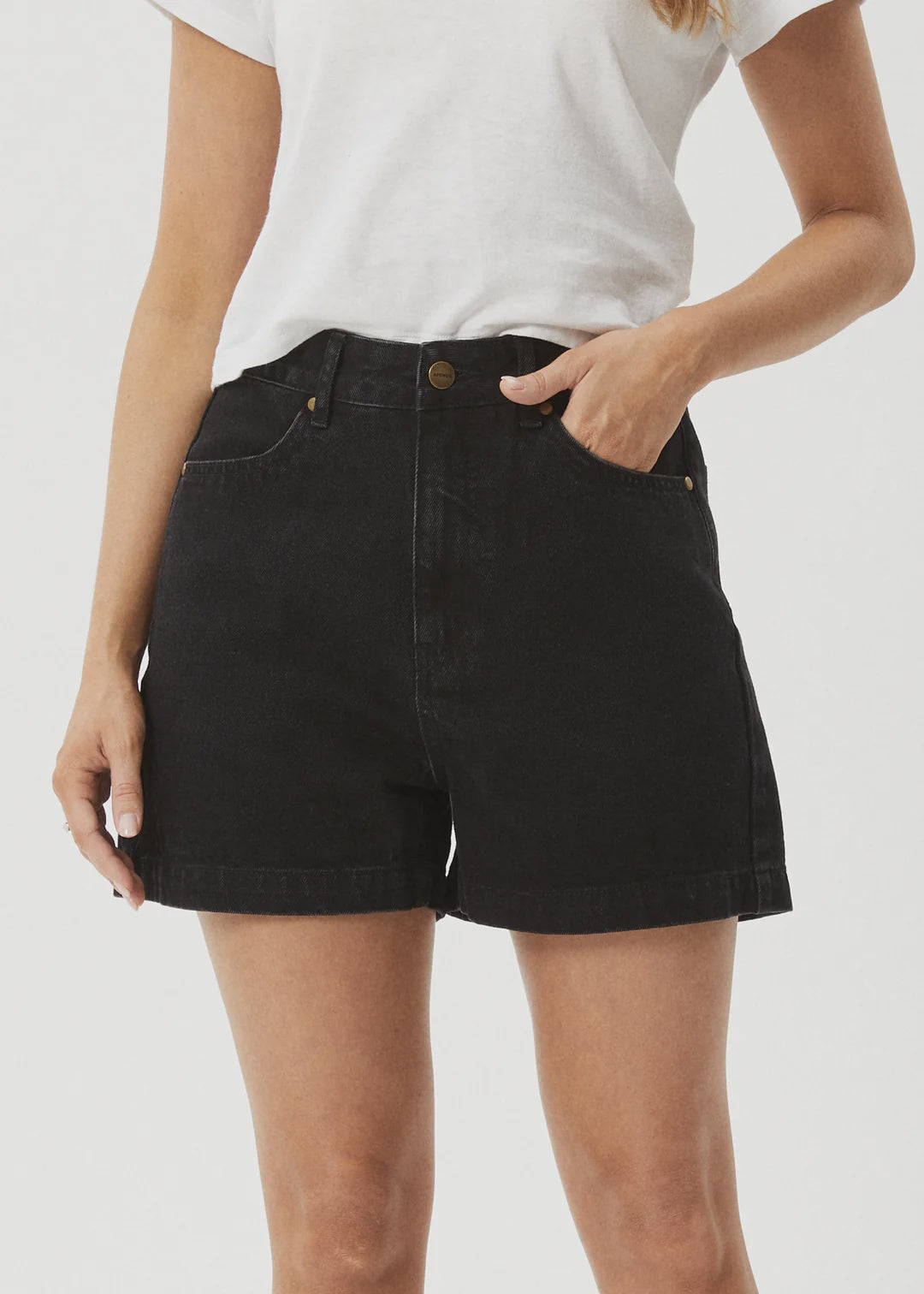 Afends Seventy Threes Organic Denim High Waisted Shorts WASHED BLACK