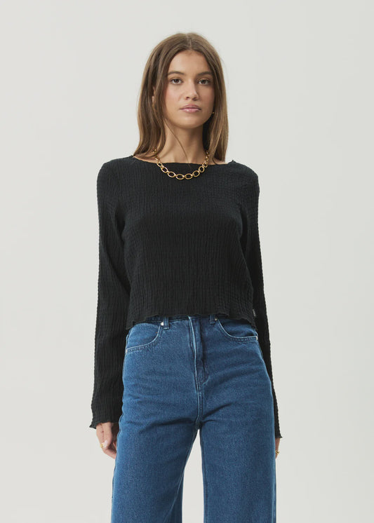 Afends Focus Seersucker Long Sleeve Top BLACK