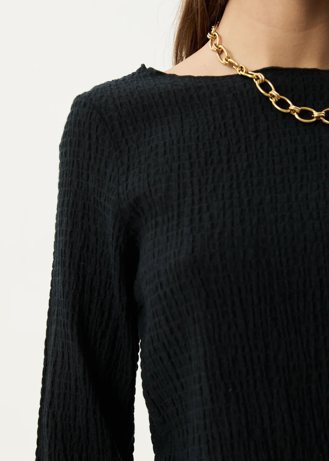Afends Focus Seersucker Long Sleeve Top BLACK