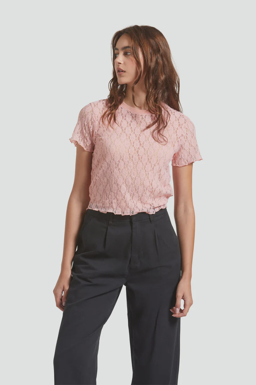 Brixton Sheer Slim Lace SS Top MELLOW ROSE