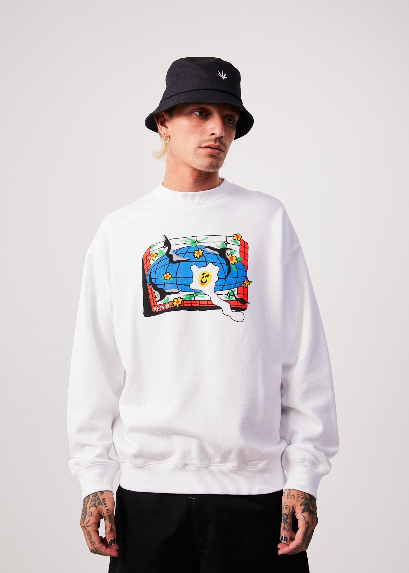 Afends Globe Recycled Crew Neck Graphic Jumper WHITE