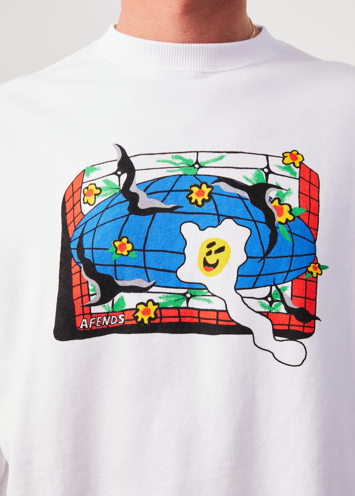 Afends Globe Recycled Crew Neck Graphic Jumper WHITE